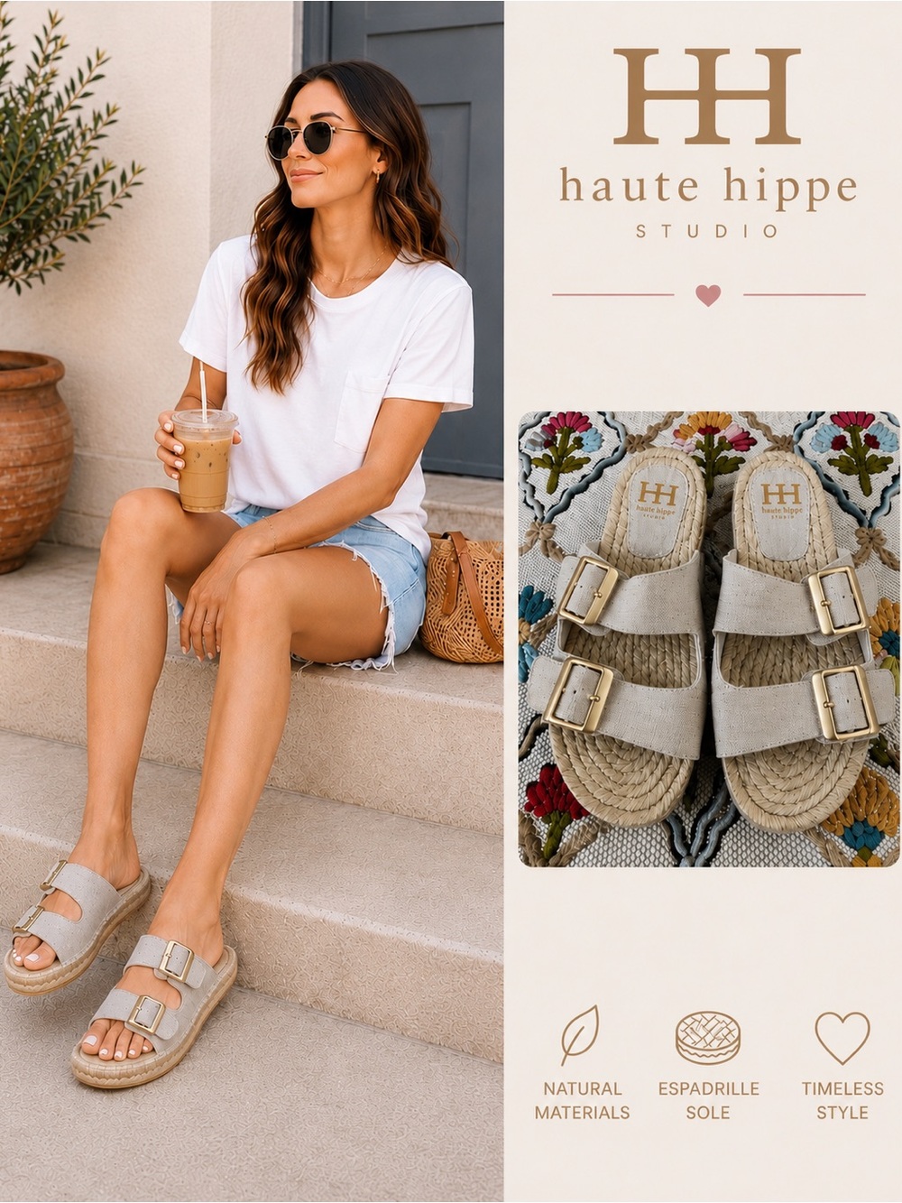 Haute Hippie Natural Double Buckle Espadrille Slide Sandals - Natural